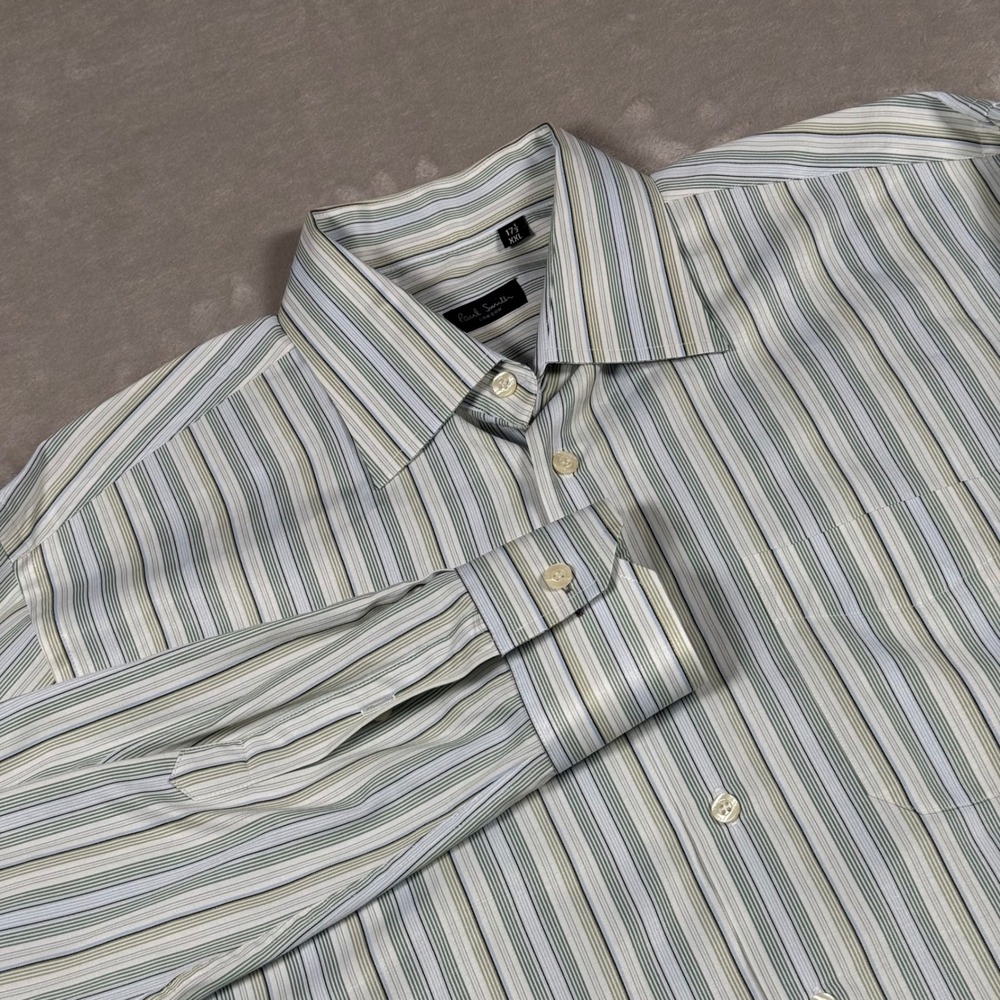 Paul Smith Button Up Shirt Men XXL Green Blue Striped Long Sleeve Cotton Button*